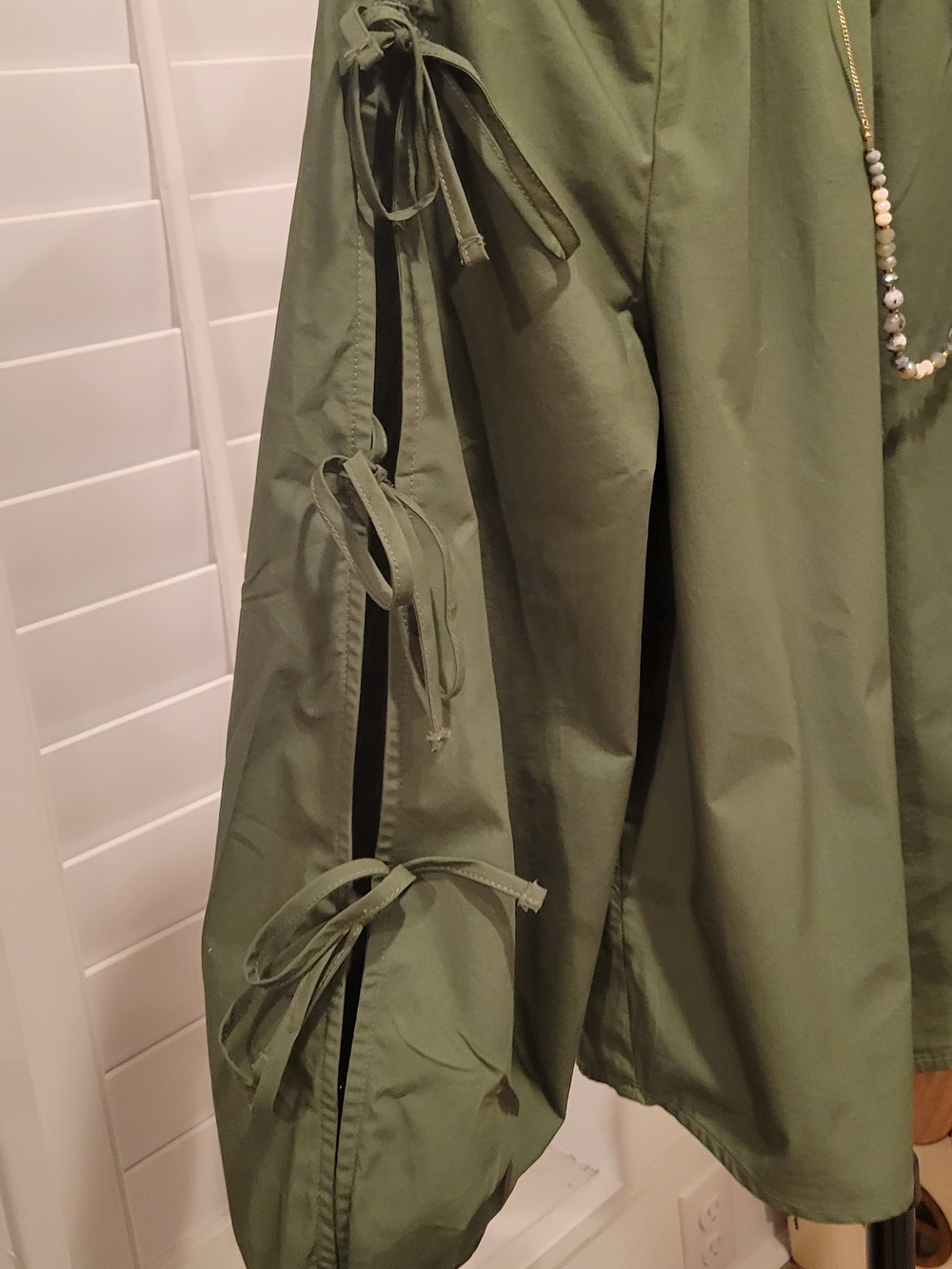Olive Green Off-Shoulder Peasant Blouse with Tie-Sleeves - Picture 5 of 5